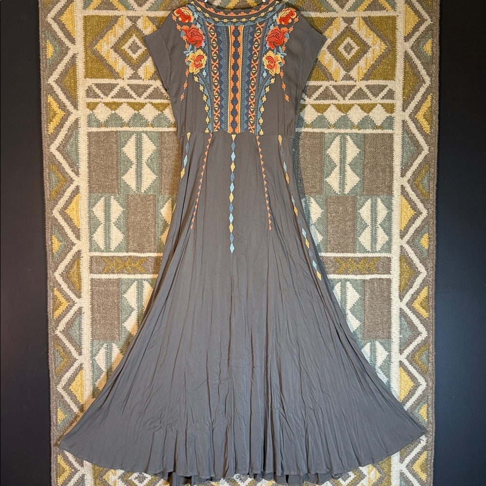 Johnny Was Gray Maxi Dress with Orange, Yellow & Light Blue Embroidery - Picture 4 of 7
